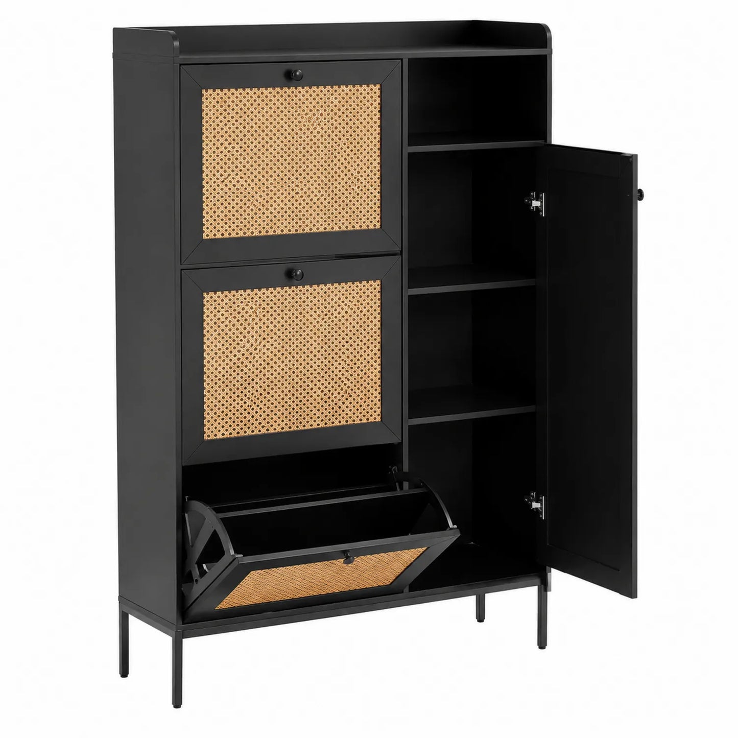 Armoire à chaussures en métal noir et rotin
