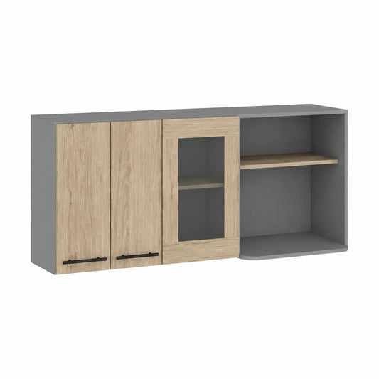 Buffet mural en MDF Gris et Bois avec Portes en Verre