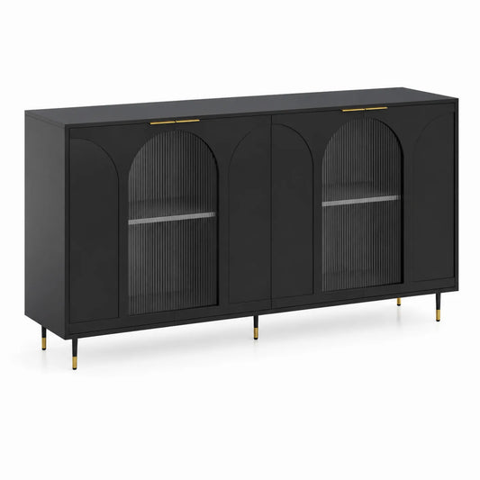 Buffet Noir en Bois et Verre avec Portes en Verre Cannele