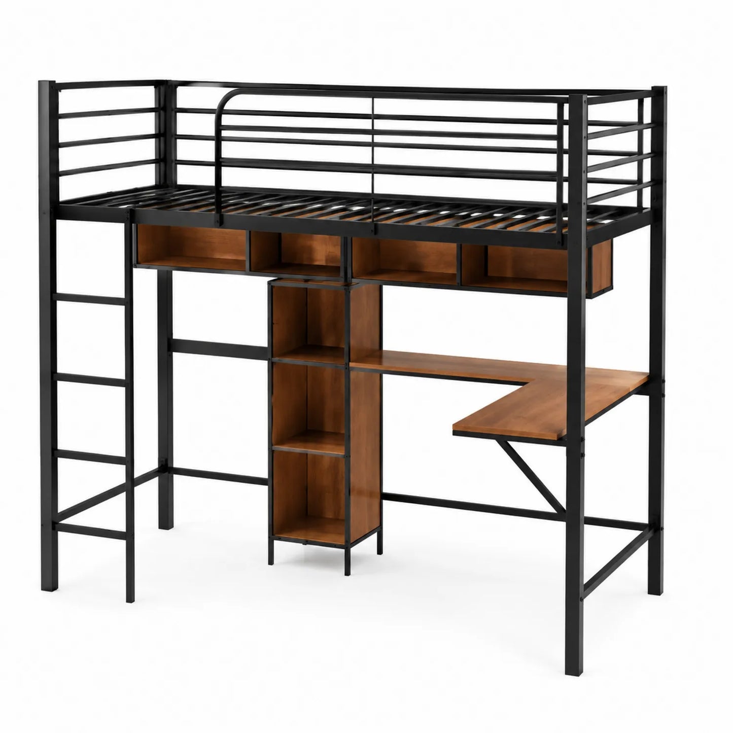 Lit mezzanine en métal et bois avec bureau intégré, 200x140x180 cm