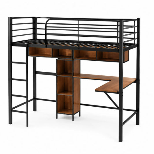 Lit mezzanine en métal et bois avec bureau intégré, 200x140x180 cm
