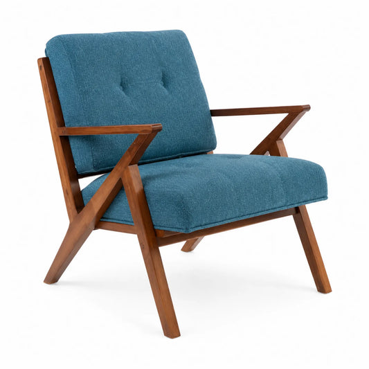Fauteuil en tissu bleu avec cadre en bois