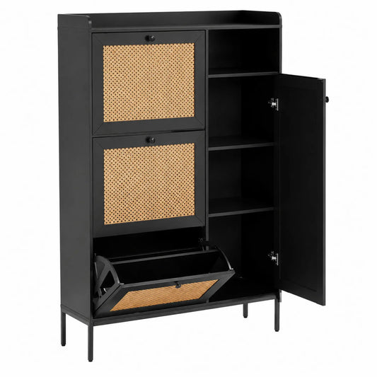 Armoire à chaussures en métal noir et rotin