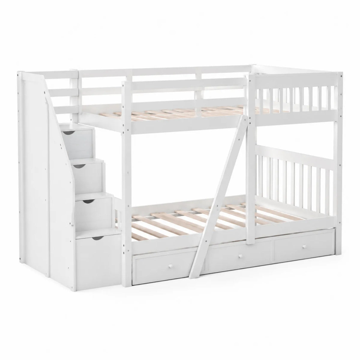 Lit superposé en bois de pin blanc avec tiroirs et escalier