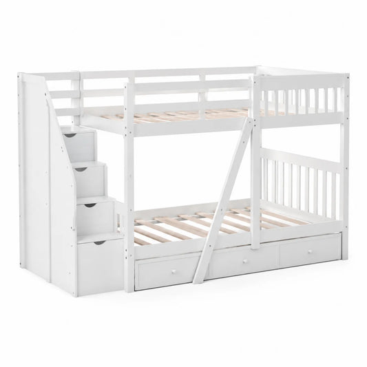 Lit superposé en bois de pin blanc avec tiroirs et escalier