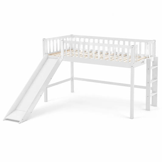Lit mezzanine en bois avec toboggan blanc