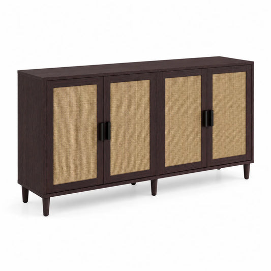 Buffet en bois et rotin tressé 4 portes