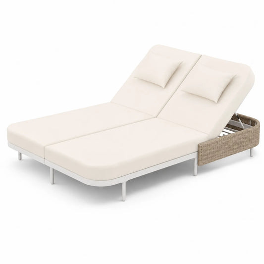 Lit de jardin double en métal et résine tressée Blanc 200 x 140 cm